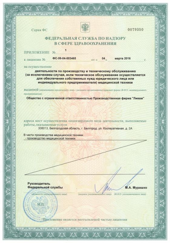 Приложение к лицензия на осуществление деятельности по производству и техническому обслуживанию медицинской техники